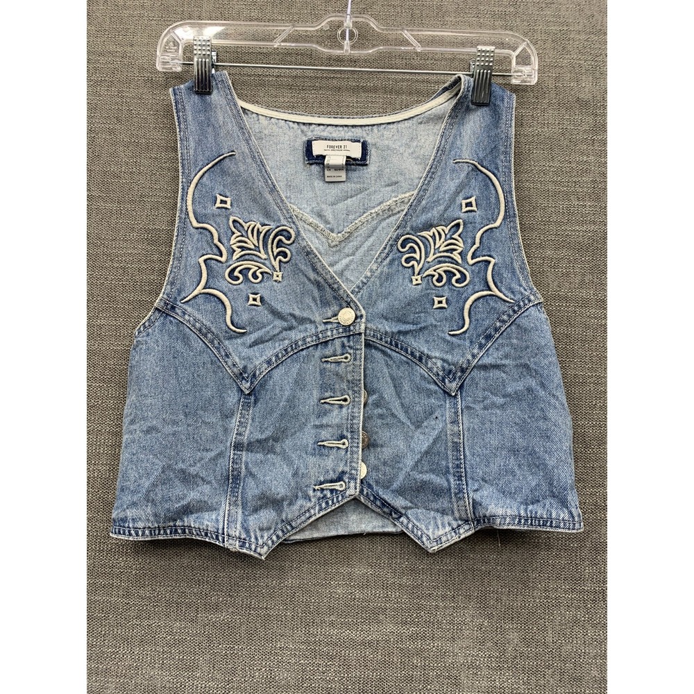 Forever 21 Denim Cropped Vest Women Small Blue Embroidered Western Button Front